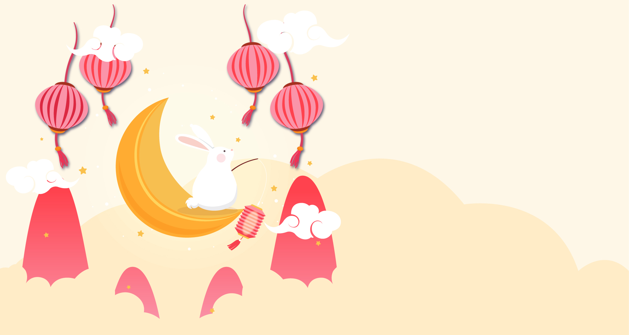 Hand drawn bunny holding a paper lintern on the moon