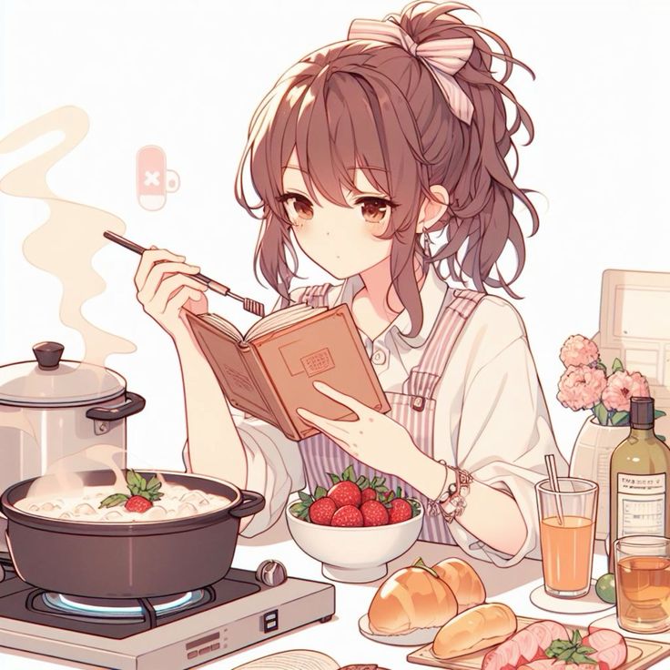 illustration of a girl cooking anime style