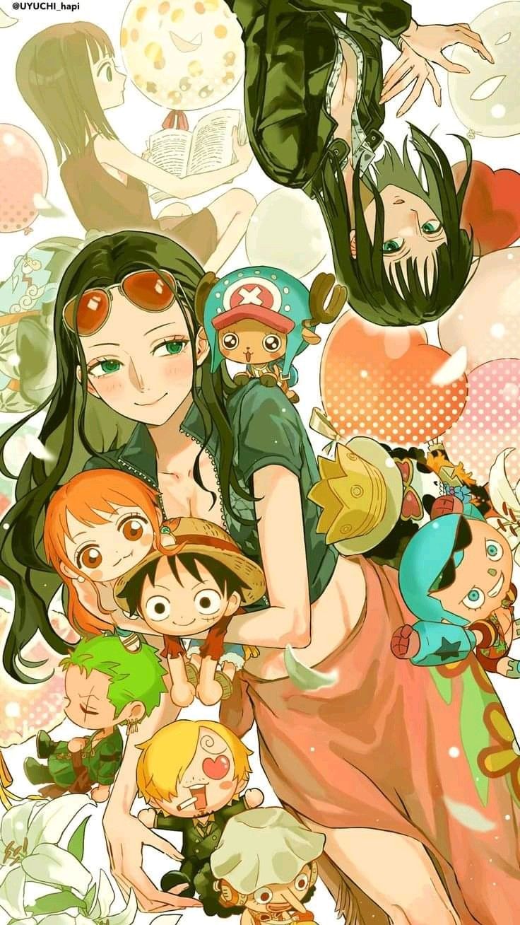 onempiece robin character holding chibi versions of the other crew members